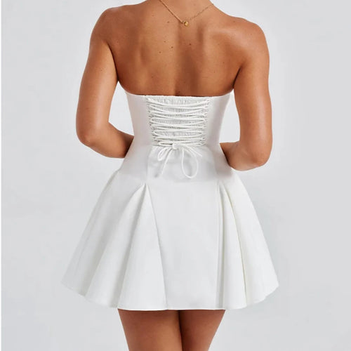 Load image into Gallery viewer, Bow Strapless Backless Sexy Mini Dress For Women Robe Fashion Solid Off-shoulder Sleeveless A-line Club Dress Vestido
