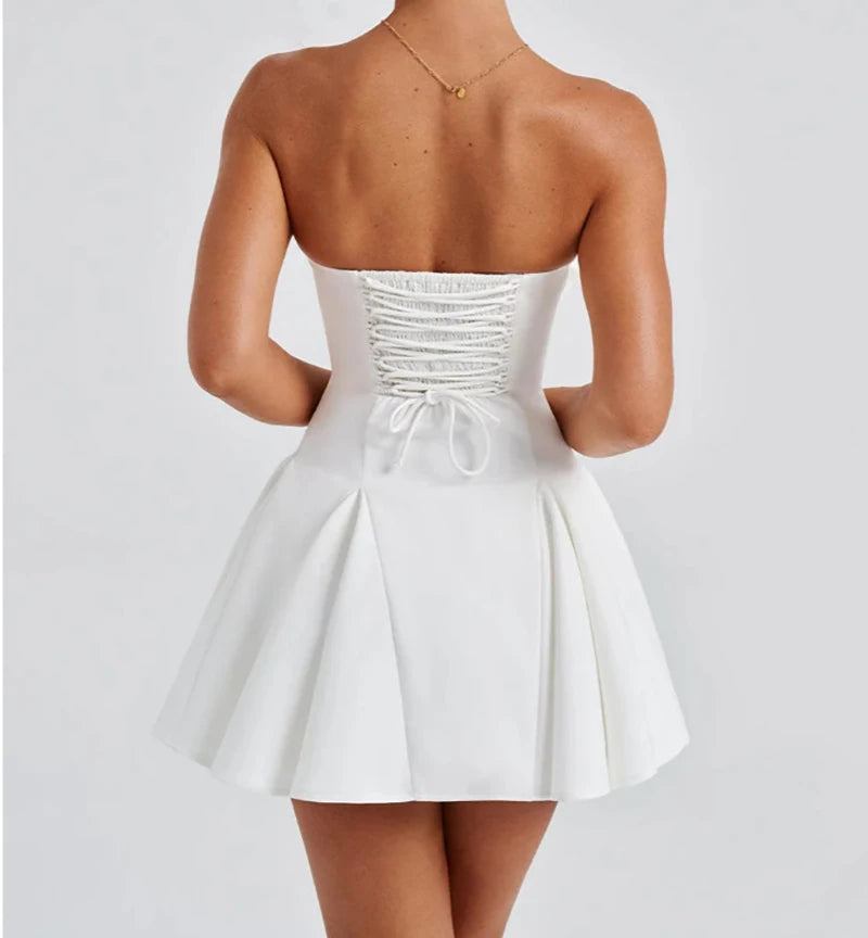 Bow Strapless Backless Sexy Mini Dress For Women Robe Fashion Solid Off-shoulder Sleeveless A-line Club Dress Vestido