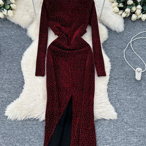 Load image into Gallery viewer, Autumn Women Fashion 2024 New Black Red Diamonds Elegant V Neck Long Sleeve Slim Evening Party Dress Gold Hollow Out Dress Robe

