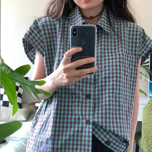 Load image into Gallery viewer, Blusas Mujer De Moda Fashion Summer Women Blouses Y2k Tops Flying Sleeve Oversized Shirts Casual Plaid Korean Retro Blouse
