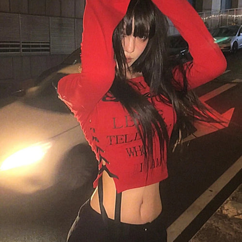 Load image into Gallery viewer, Y2k Aesthetic Skew Collar Women Sexy Cropped T-shirt Vintage Letter Print Streetwear Grunge Tshirts Harajuku Vintage Gothic Tees
