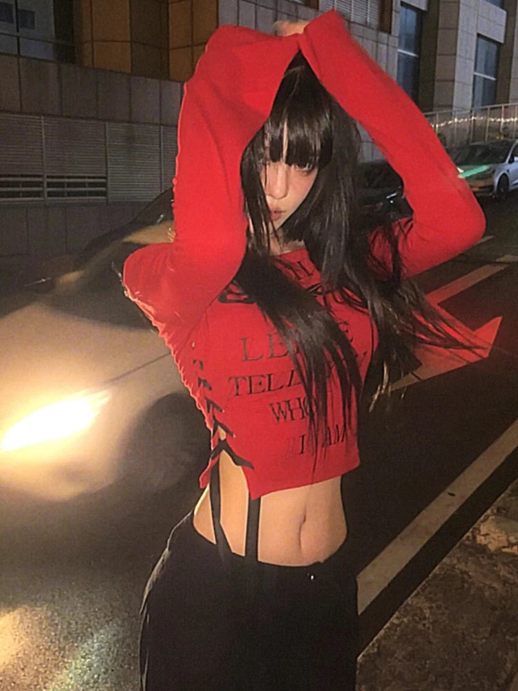 Y2k Aesthetic Skew Collar Women Sexy Cropped T-shirt Vintage Letter Print Streetwear Grunge Tshirts Harajuku Vintage Gothic Tees