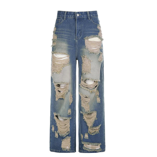 Load image into Gallery viewer, Streetwear Grunge Straight Leg Ripped Jeans Women Hole Distressed Harajuku Baggy Pants Full Length Denim Trousers New
