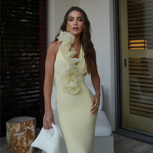 Load image into Gallery viewer, Mesh Rose Deep V Neck Sexy Maxi Dress For Women Gown Elegant Halter Sleeveless Backless Bodycon Club Party Long Dress
