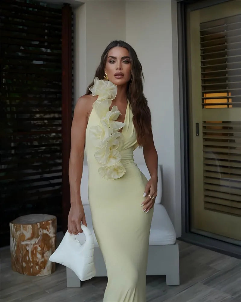 Mesh Rose Deep V Neck Sexy Maxi Dress For Women Gown Elegant Halter Sleeveless Backless Bodycon Club Party Long Dress