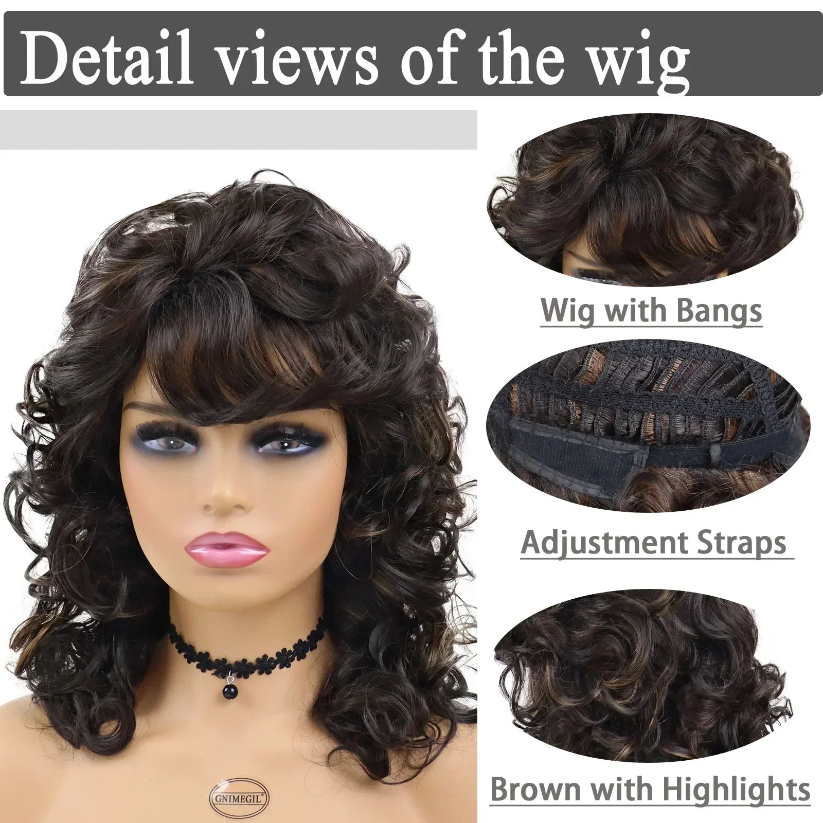 Vintage Synthetic Long Curly Wigs with Bangs Brown Black Women Wig Highlights African American Curls Wave Natural Wigs for Woman