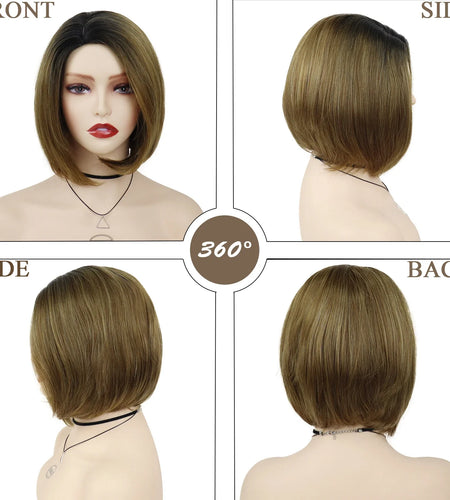Short Womens Bob Wigs,Ombre Brown Color Wig with Dark Roots,Heat Resistant Synthetic Fiber,Natural Short Wig for Woman