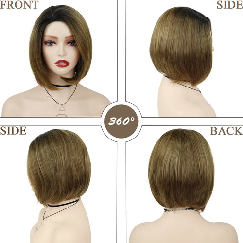 Load image into Gallery viewer, Short Womens Bob Wigs,Ombre Brown Color Wig with Dark Roots,Heat Resistant Synthetic Fiber,Natural Short Wig for Woman
