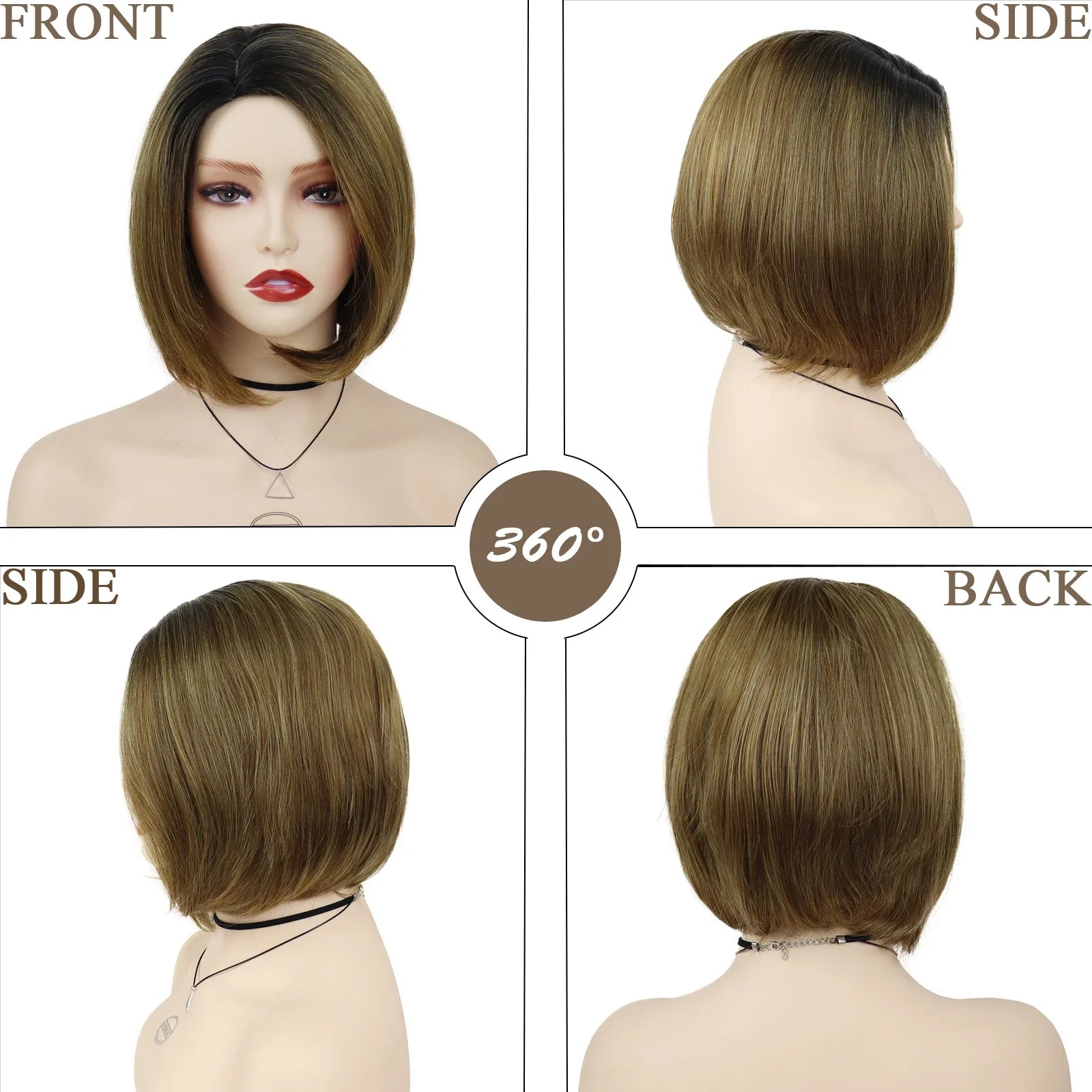 Short Womens Bob Wigs,Ombre Brown Color Wig with Dark Roots,Heat Resistant Synthetic Fiber,Natural Short Wig for Woman