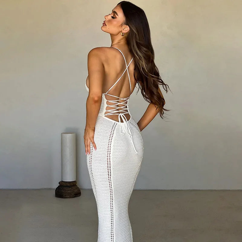 Hollow Out Backless Knit Dress For Women Spaghetti Strap Bandage Sleeveless Bodycon Club Party Sexy Long Dress Elegant
