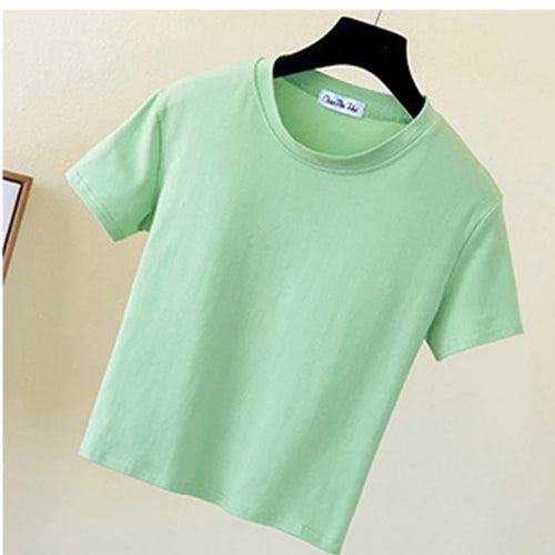 Load image into Gallery viewer, Green Crop Top T-Shirt Female Solid Cotton O-Neck Short Sleeve T-shirts for Women High Waist Slim Short Sport Femme T-Shirt
