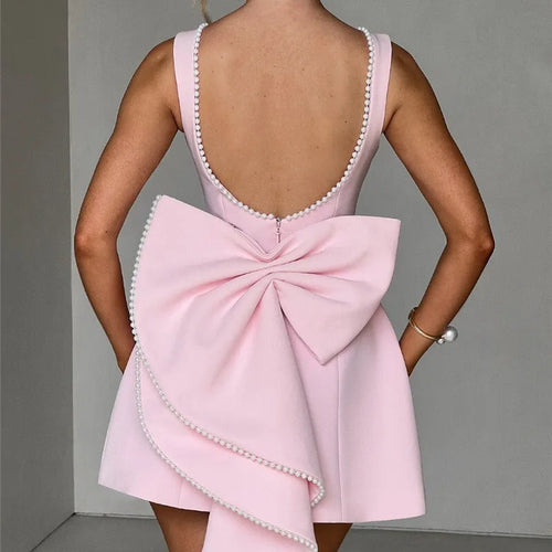 Load image into Gallery viewer, Pearl Bow Backless Sexy Mini Dress For Women Robe Fashion Zipper Sleeveless High Waist A-line Club Party Dress Elegant
