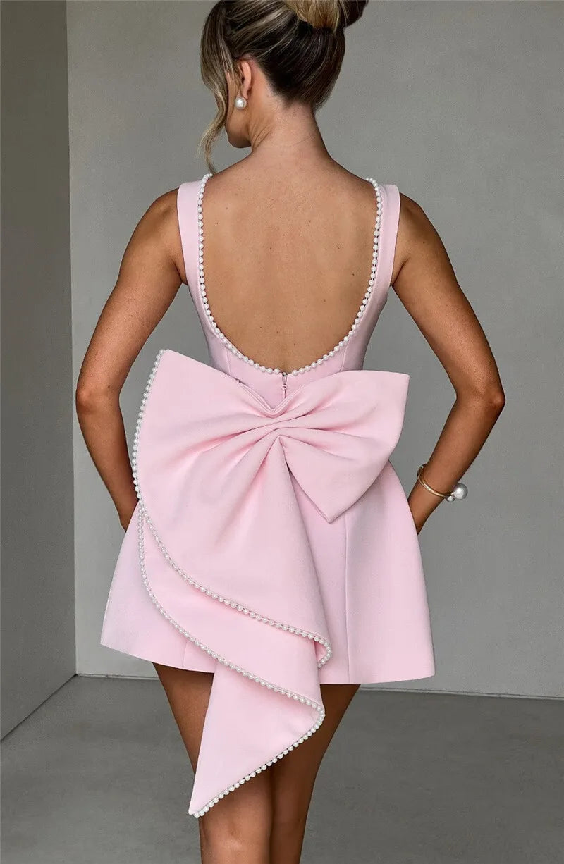 Pearl Bow Backless Sexy Mini Dress For Women Robe Fashion Zipper Sleeveless High Waist A-line Club Party Dress Elegant