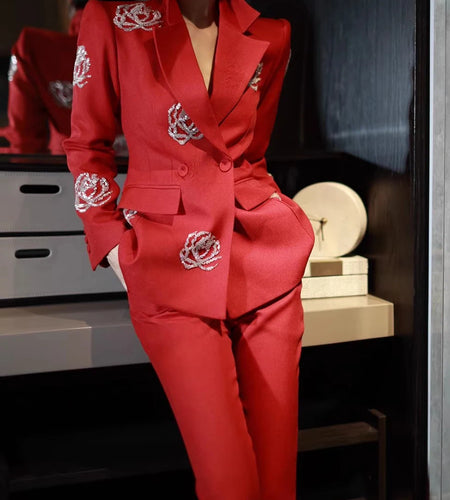 Solid Elegant Two Piece Sets for Women Lapel Long Sleeves Spliced Sequins Blazer High Waist Pant Set Female Fashion