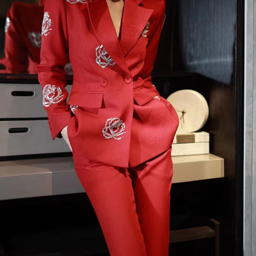 Load image into Gallery viewer, Solid Elegant Two Piece Sets for Women Lapel Long Sleeves Spliced Sequins Blazer High Waist Pant Set Female Fashion
