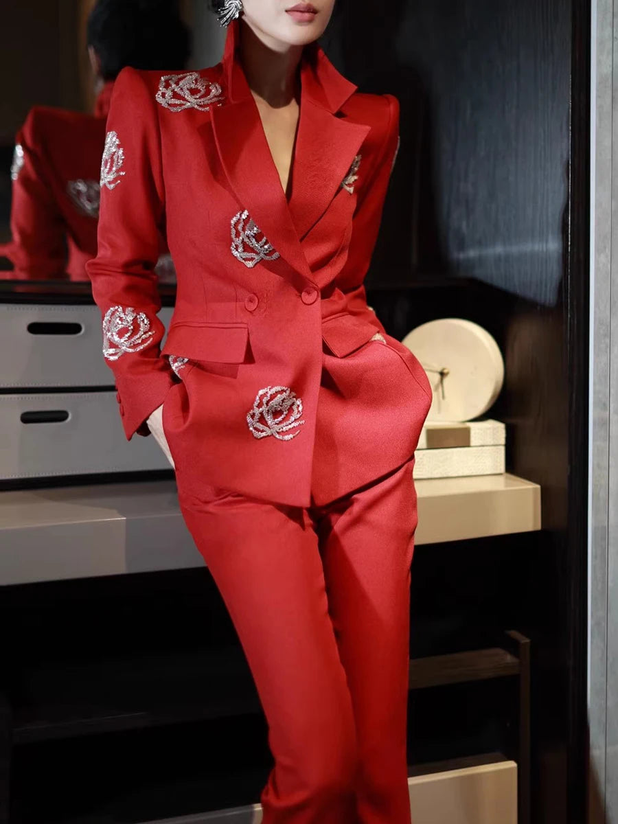 Solid Elegant Two Piece Sets for Women Lapel Long Sleeves Spliced Sequins Blazer High Waist Pant Set Female Fashion