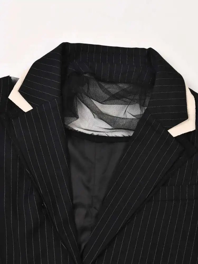 Women Black Striped Topstitched Big Size Blazer New Lapel Long Sleeve Loose Fit Jacket Fashion Spring Autumn 2025 17A6435