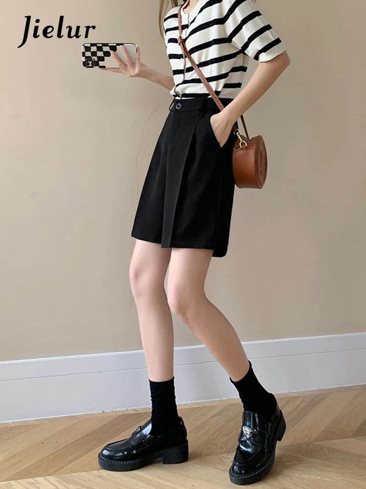 A-line Short Pants Women Summer Straight Suit Wide Leg Shorts Thin High Waist Casual Loose Black Khaki Shorts Female Work