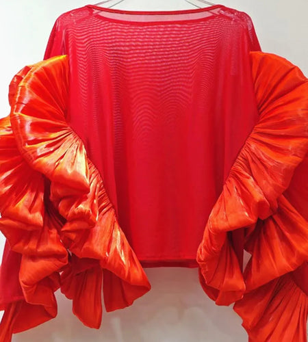 Women White Mesh Perspective Ruffles Big Size T-shirt New Round Neck Long Sleeve Fashion Tide Spring Autumn 2025 1DJ0036