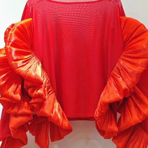 Load image into Gallery viewer, Women White Mesh Perspective Ruffles Big Size T-shirt New Round Neck Long Sleeve Fashion Tide Spring Autumn 2025 1DJ0036
