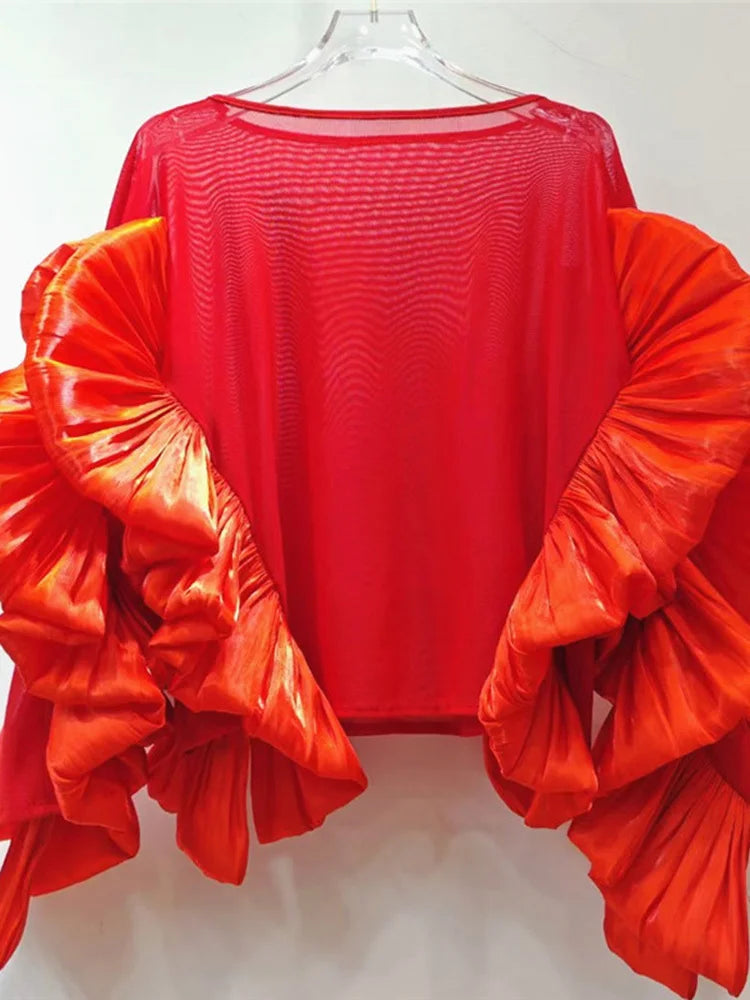 Women White Mesh Perspective Ruffles Big Size T-shirt New Round Neck Long Sleeve Fashion Tide Spring Autumn 2025 1DJ0036