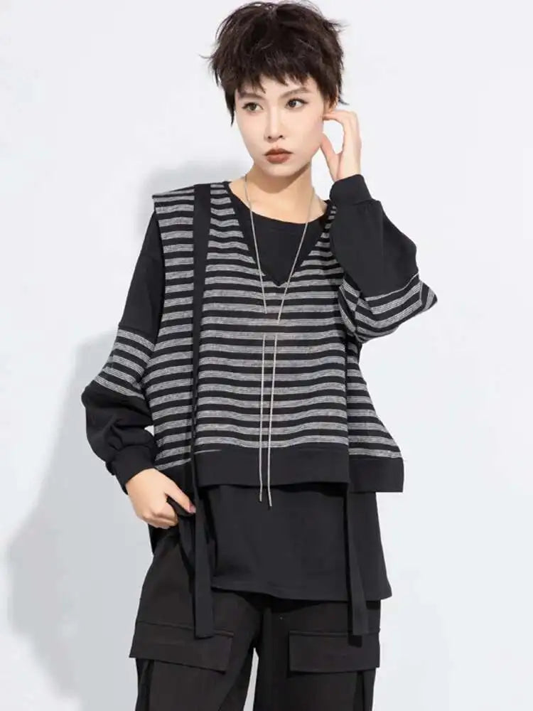 Black Striped Color-block Sweatshirt New Round Neck Long Sleeve Women Big Size Fashion Tide Spring Autumn 2025 1DH7485
