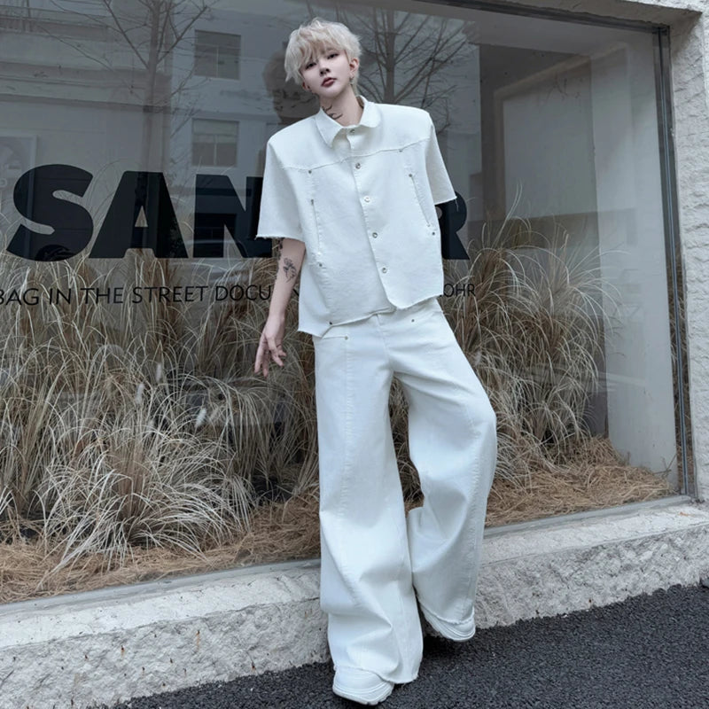 Men's Pants Set New Summer Fringed Zipper Short Sleeved Single Breasted Trendy Solid Color Denim Pants Menwear 9W1799