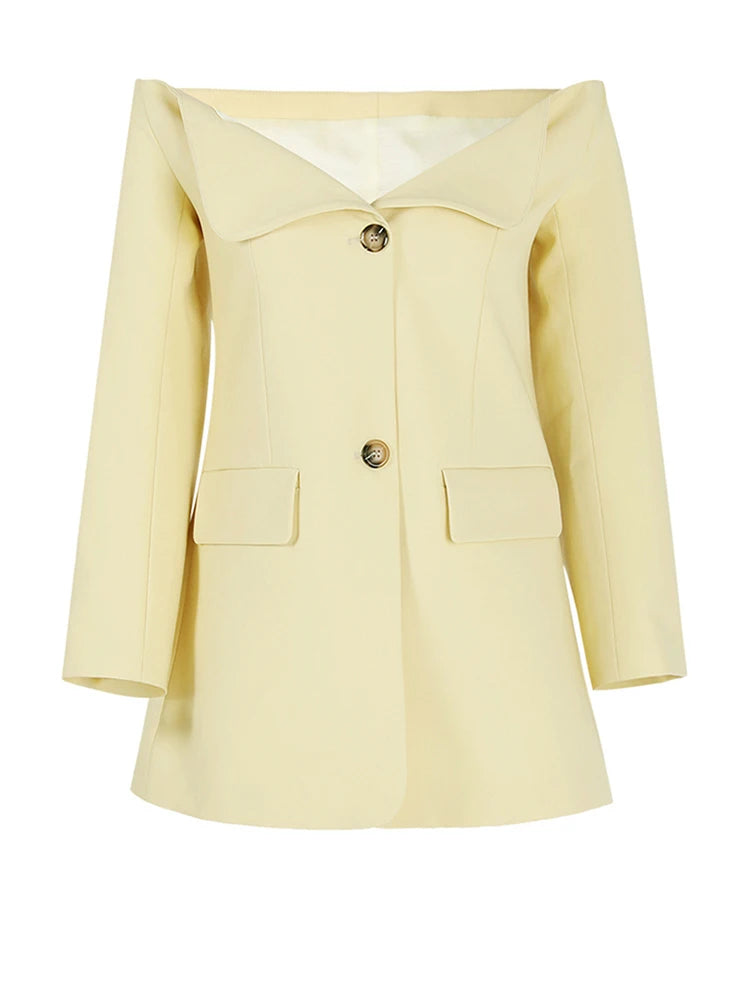 Women Yellow Single Breasted Elegant Blazer New Slash Neck Long Sleeve Jacket Fashion Tide Spring Autumn 2025 CPDB021