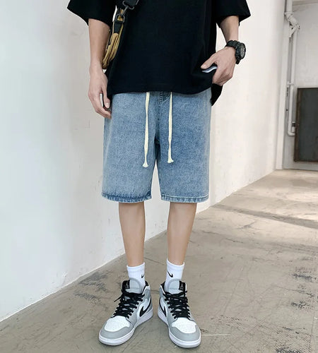 Men's Denim Shorts Solid Color New Summer Loose Straight Short New Fashion Trendy Short Pants Elastic Waist 2025 9W1323
