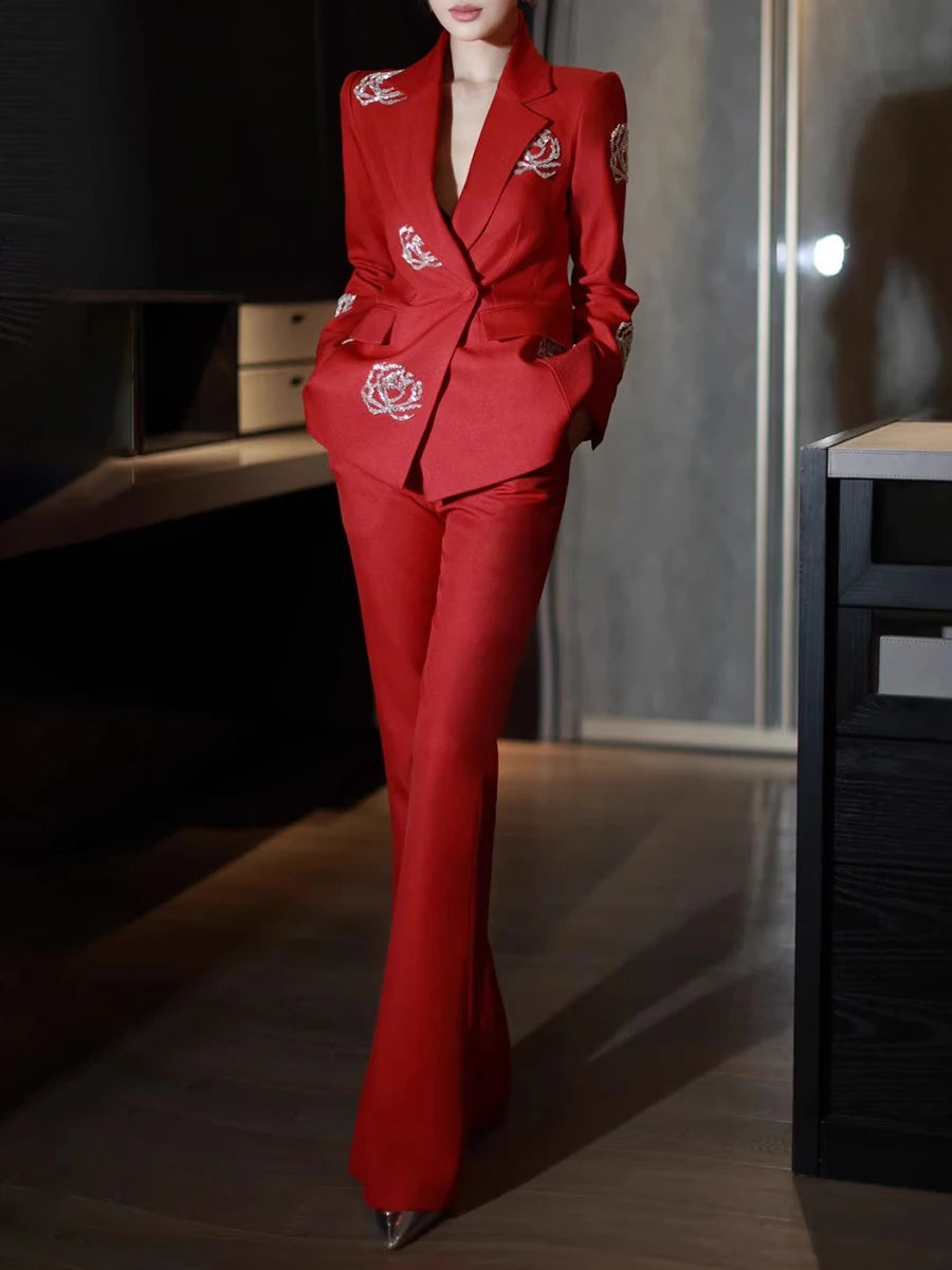 Solid Elegant Two Piece Sets for Women Lapel Long Sleeves Spliced Sequins Blazer High Waist Pant Set Female Fashion