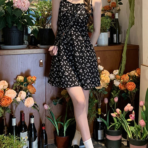 Load image into Gallery viewer, Summer Black Vintage Floral Dress French Style Spaghetti Strap Chiffon Sleeveless Print Women Dresses Fashion Streetwear
