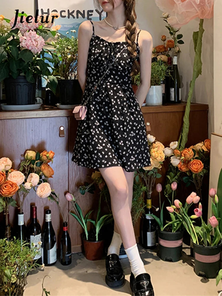 Summer Black Vintage Floral Dress French Style Spaghetti Strap Chiffon Sleeveless Print Women Dresses Fashion Streetwear