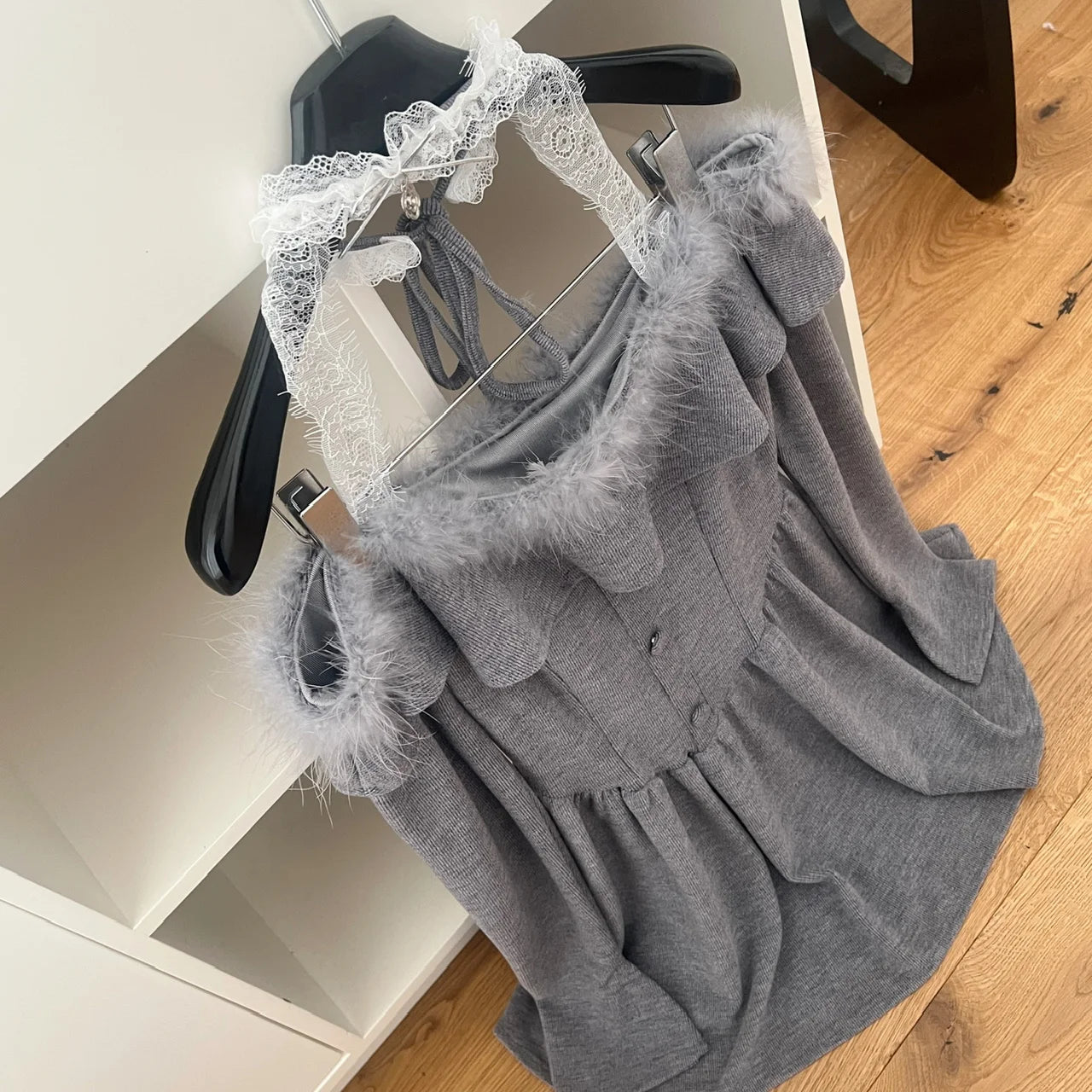 Autumn Ladies Grey Patchwork Lace Ruffles Halter Party Mini Dress Chic High Waist Sexy Club Elegant Backless Pleated Short Dress