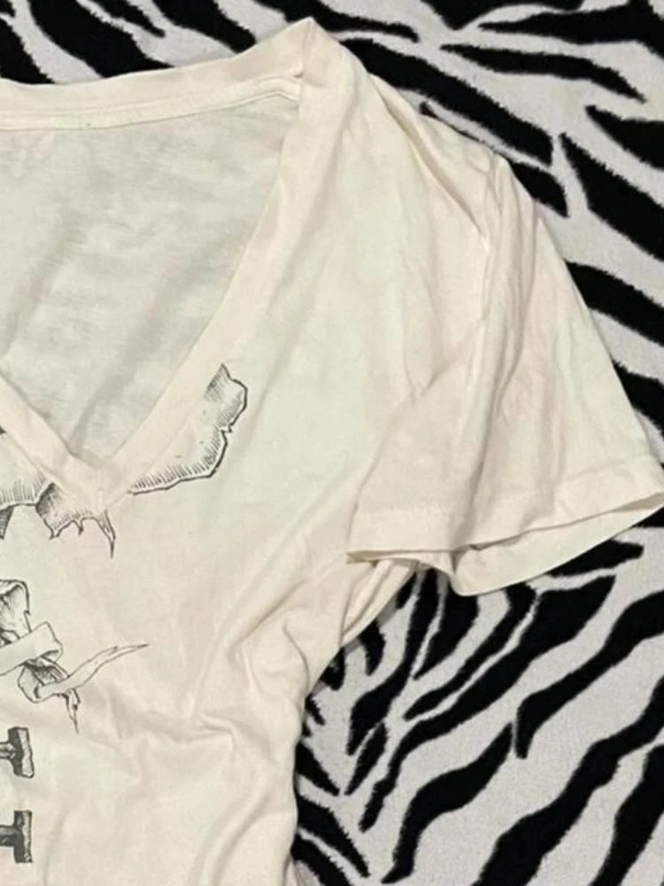 Y2k Aesthetic White Printing Punk Fairy Tshirts Harajuku Women Casual Bodycon Vintage Tees 2025 Summer Grunge Streetwear Tops