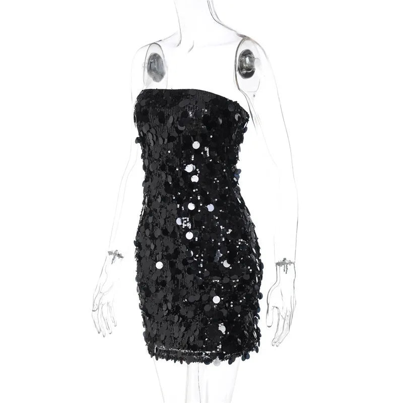 Sequins Strapless Backless Sexy Mini Dress For Women Robe Fashion Off-shoulder Sleeveless Sparkle Shiny Club Dress