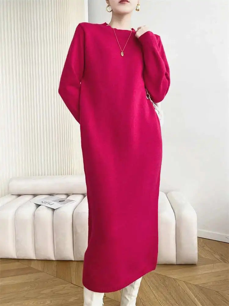 Women Rose Red Casual Midi Elegant Knitting Dress New Round Neck Long Sleeve Fashion Tide Spring Autumn 2025 1DH6450