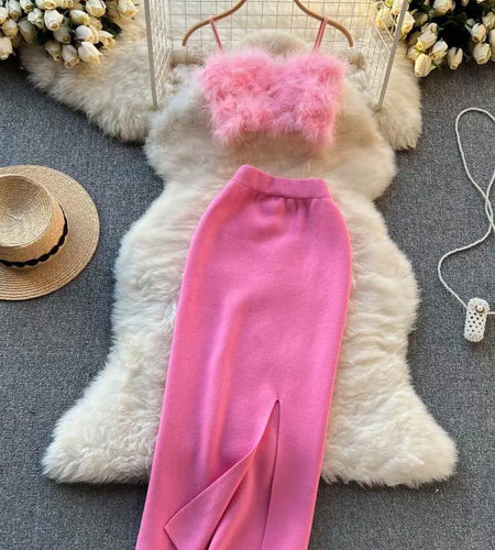 Pink Sexy Sleeveless Plush Slip Crop Tops And Black Elastic High Waist Split Skirt Sets Spring Summer Ladies Gray Two Piece Sets