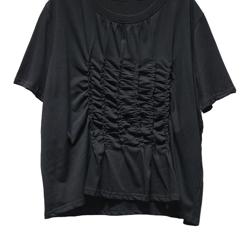 Load image into Gallery viewer, Women Black White Pleated Big Size Casual T-shirt New Round Neck Short Sleeve Fashion Tide Spring Summer 2025 1DJ1611
