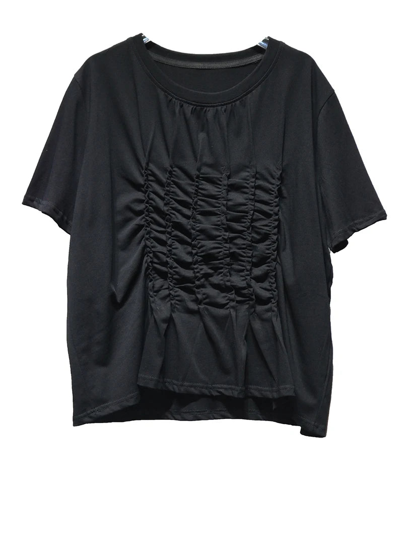 Women Black White Pleated Big Size Casual T-shirt New Round Neck Short Sleeve Fashion Tide Spring Summer 2025 1DJ1611