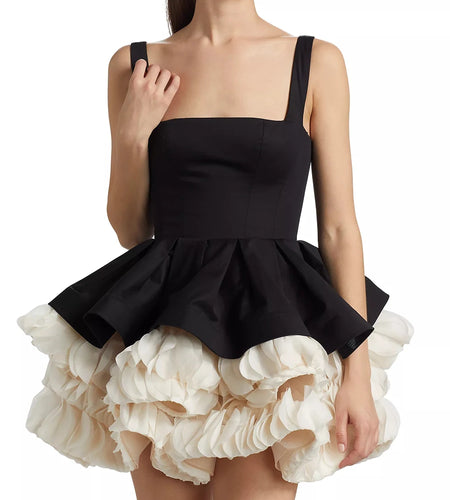 Solid Spliced Ruffles Slimming Dresses For Women Square Neck Sleeveless High Waist Temperament Mini Dresses Female