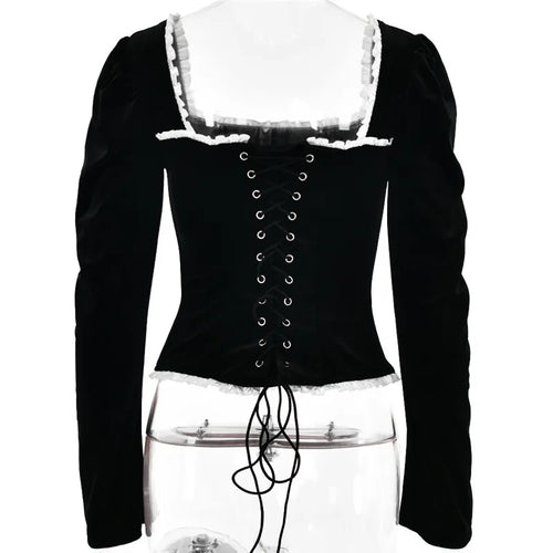 Load image into Gallery viewer, Square Collar Backless Bandage Sexy T-shirt Women Autumn Winter New Black Shoulder Pad Sleeve Skinny Sexy Party Tops
