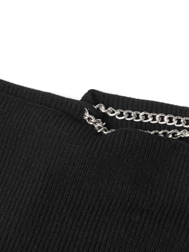 Patchwork Chain Minimalist Loose Knitting Sweaters For Women Irregular Collar Long Sleeve Solid Temperament Sweater Female