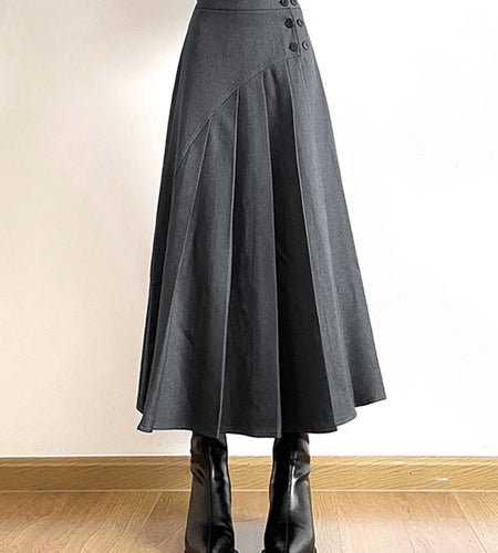 Solid Patchwork Button Casual Minimalist Skirts For Women High Waist Spliced Pleated Elegant Skirt Female Fashion
