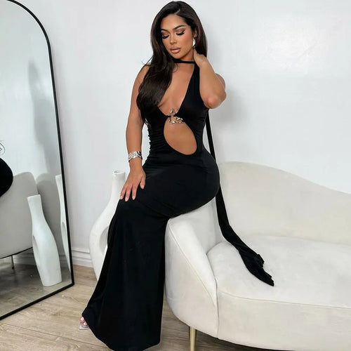 Load image into Gallery viewer, Hollow Out Halter Sexy Maxi Dress Women Summer New Metal Decoration Sleeveless Slim High Waist Long Dress Elegant
