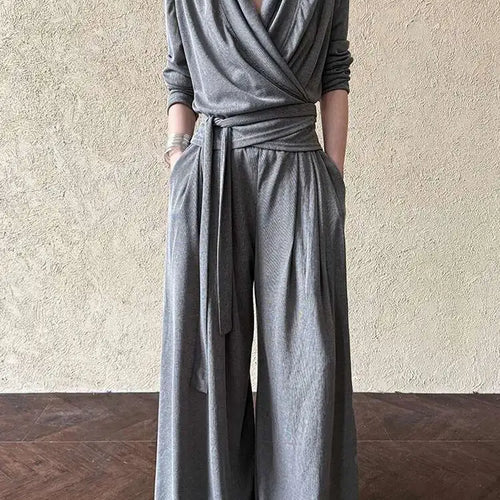 Load image into Gallery viewer, Bandage Elegant T-shirt Wide Leg Pants Two Piece Suit New V-Neck Long Sleeve Women Fashion Tide Spring Autumn 2025 1DJ0103
