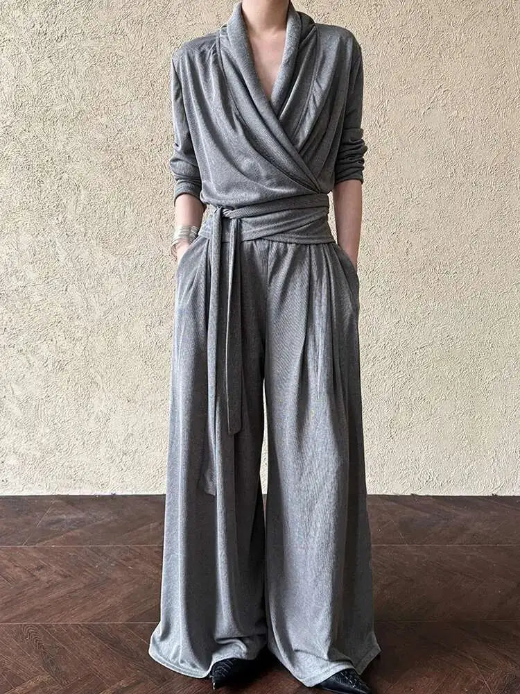 Bandage Elegant T-shirt Wide Leg Pants Two Piece Suit New V-Neck Long Sleeve Women Fashion Tide Spring Autumn 2025 1DJ0103