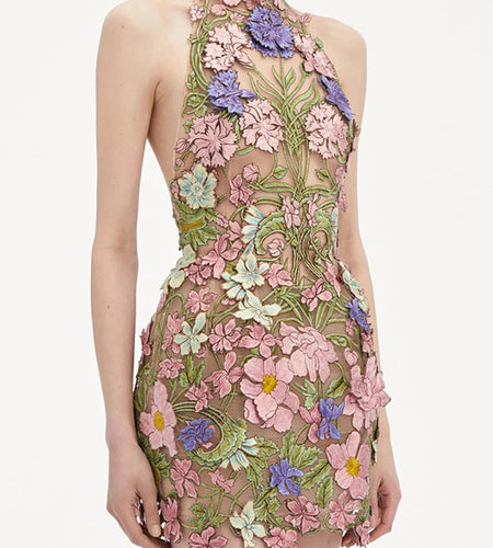 Hit Color Slimming Spliced Embroidery Dresses for Women Halter Sleeveless Backless High Waist Dress Female Clothing