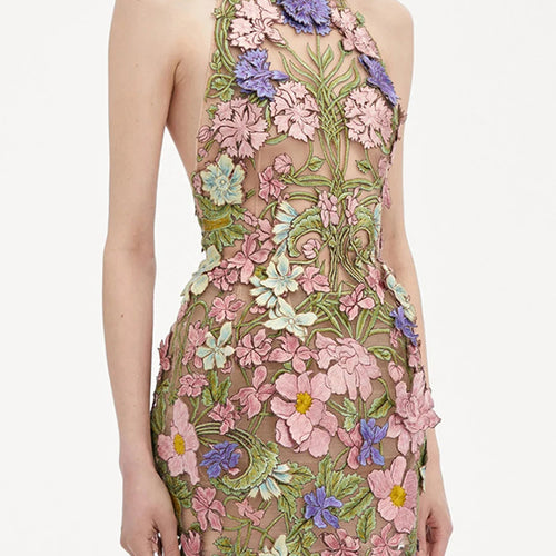 Load image into Gallery viewer, Hit Color Slimming Spliced Embroidery Dresses for Women Halter Sleeveless Backless High Waist Dress Female Clothing
