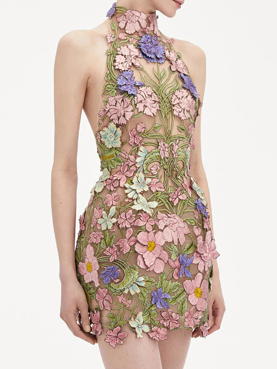 Hit Color Slimming Spliced Embroidery Dresses for Women Halter Sleeveless Backless High Waist Dress Female Clothing