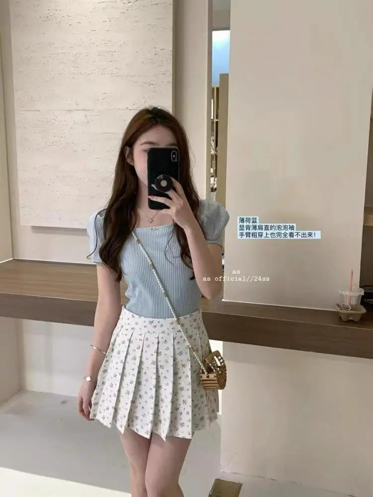 Women's Sweet White Floral Pleated Mini Skirts 2024 Summer Elegant High Waist A-line Short Skirt Fresh Style Streetwear Fashion